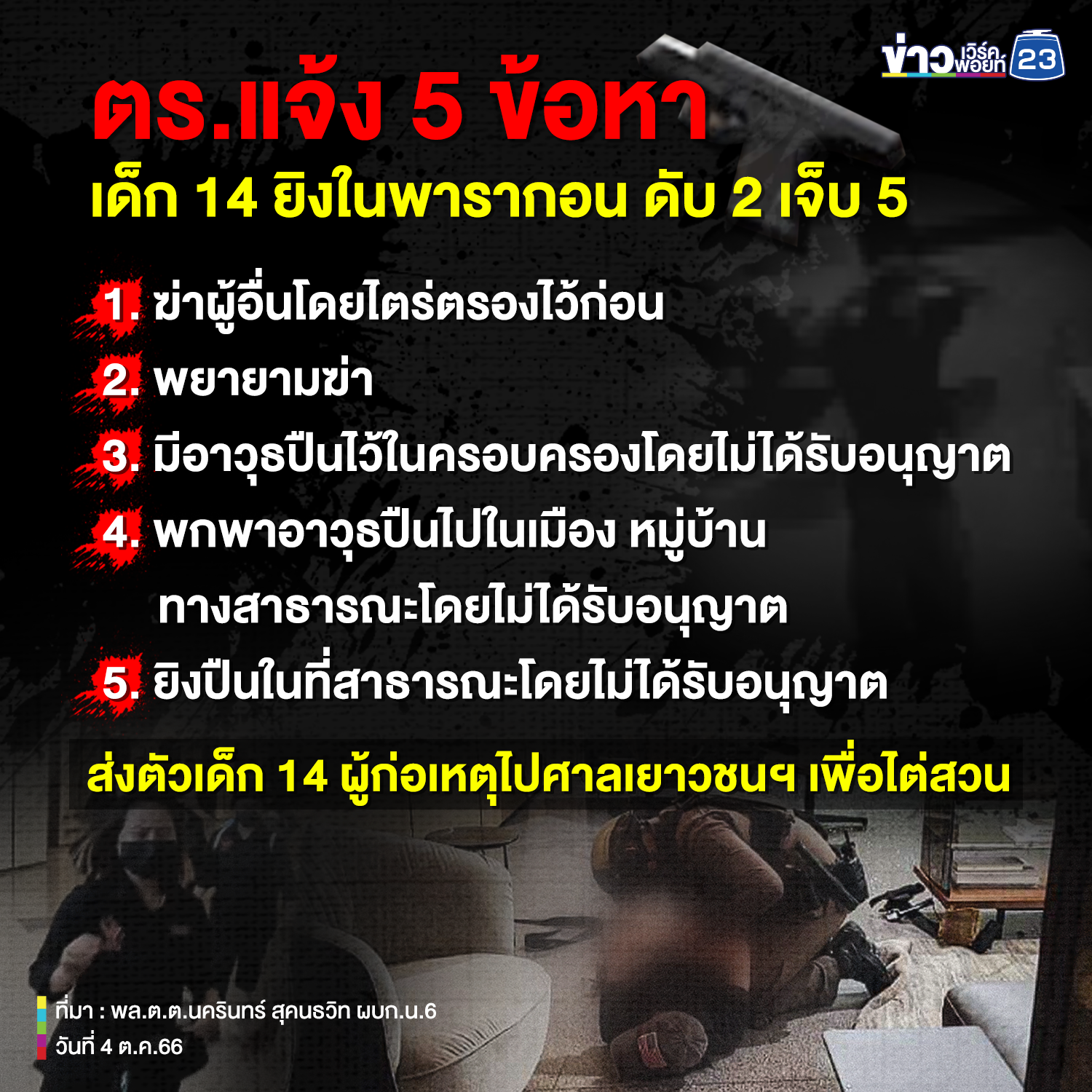 ตำรวจแจ้ง 5 ข้อหาเด็ก 14 พ่อแม่อาจมีความผิดด้วย - พบทิ้งเป้ในห้องน้ำก่อนก่อเหตุ