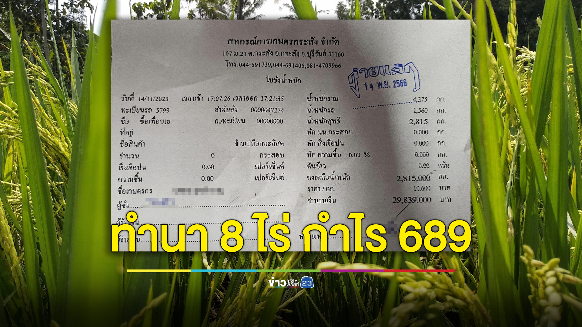 ชาวนาไทยรายได้เป็นกอบเป็นกำ ทำนา 8 ไร่ ได้กำไร 689 บาท!!