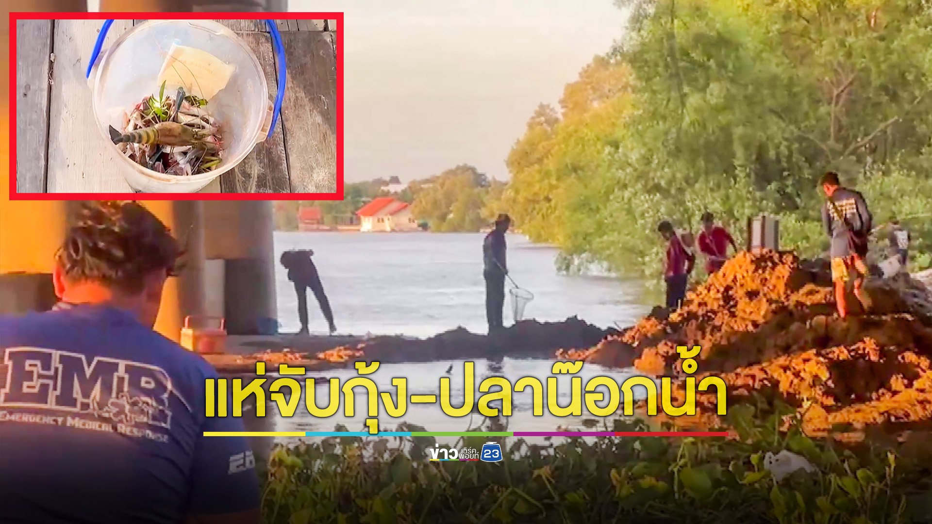 คนแห่จับปลา-กุ้งน็อกน้ำในแม่น้ำบางปะกง