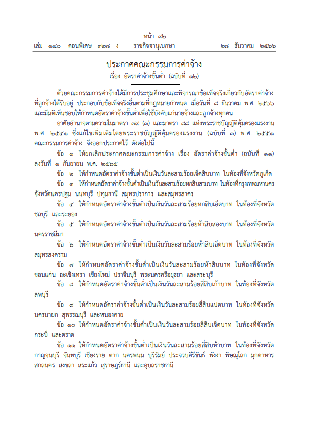ราชกิจจานุเบกษา เผยแพร่ประกาศขึ้นค่าจ้างขั้นต่ำ มีผล 1 ม.ค.