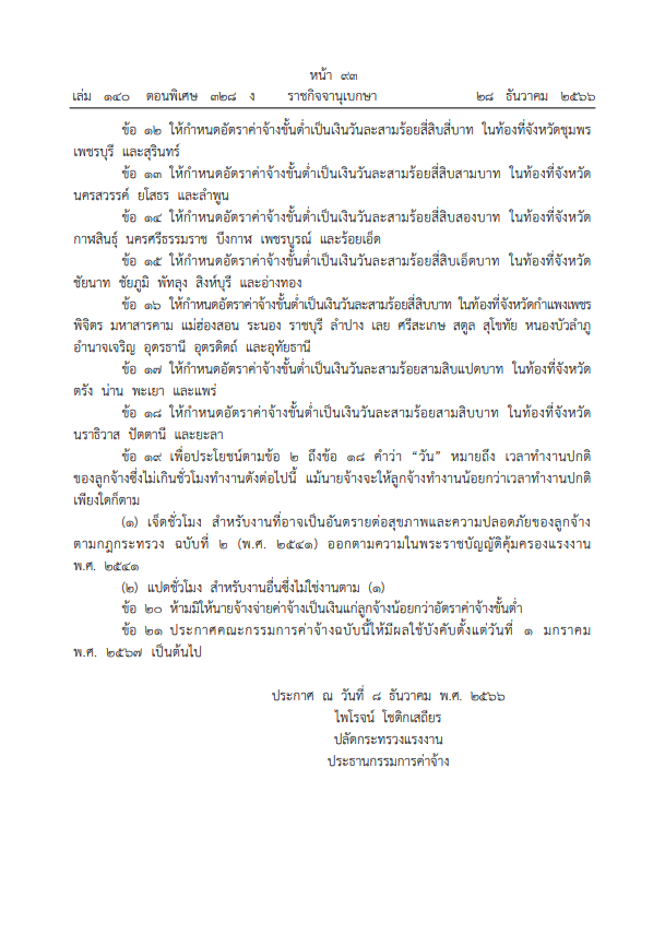 ราชกิจจานุเบกษา เผยแพร่ประกาศขึ้นค่าจ้างขั้นต่ำ มีผล 1 ม.ค.