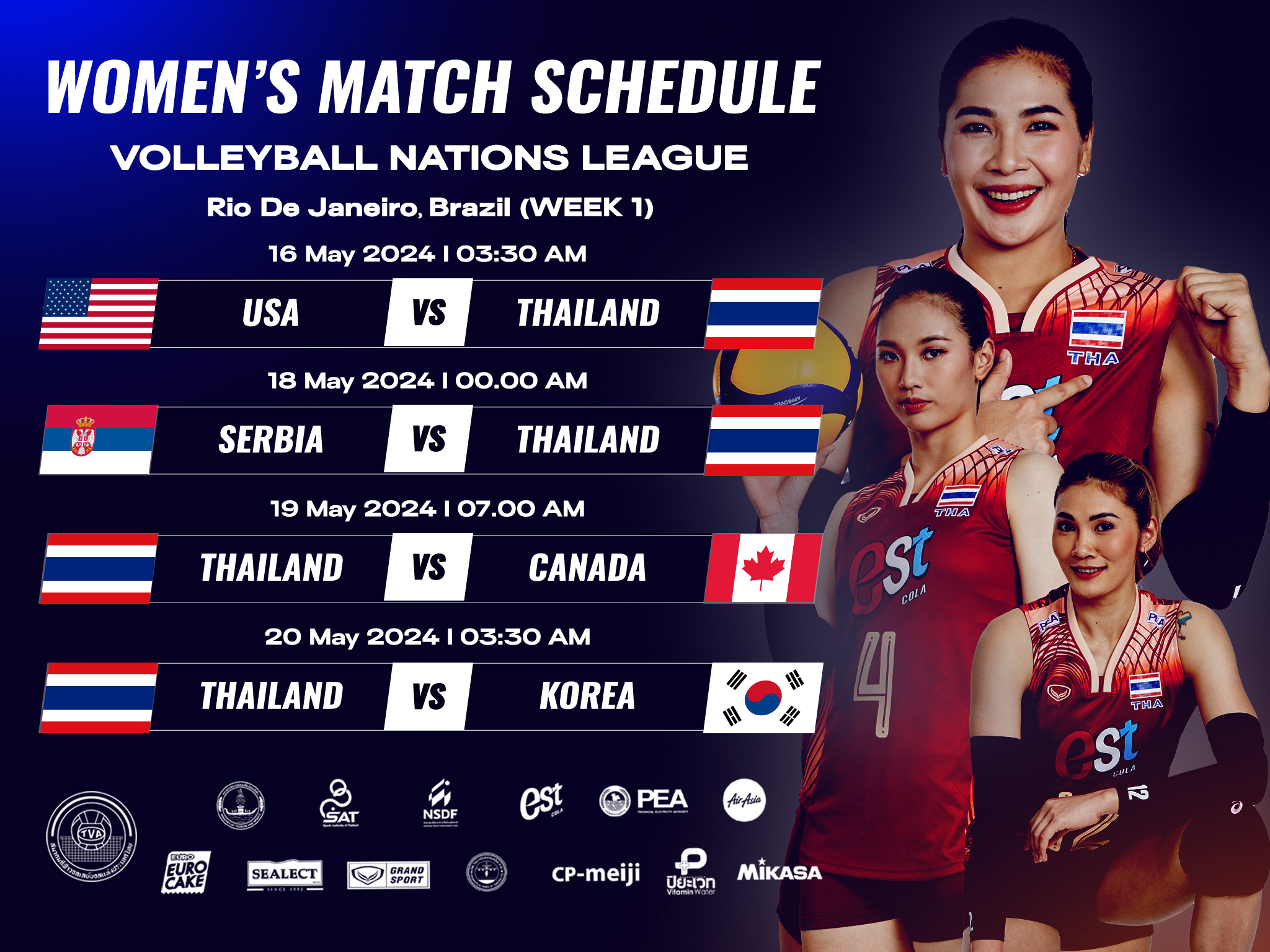 อัปเดตล่าสุดโปรแกรม วอลเลย์บอลหญิง เนชันส์ ลีก 2024 ร่วมลุ้น"วอลเลย์บอลหญิงไทย"
