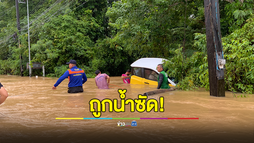 ตราดน้ำท่วมหนัก! รถยนต์ไฟฟ้าข้ามสะพานถูกน้ำซัดติดกอไม้ โชคดีช่วยเหลือได้
