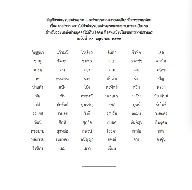 ราชกิจจาฯ ประกาศกำหนดใช้ตัวอักษรประจำหมวดและหมายเลขทะเบียนรถ 70 หมวด