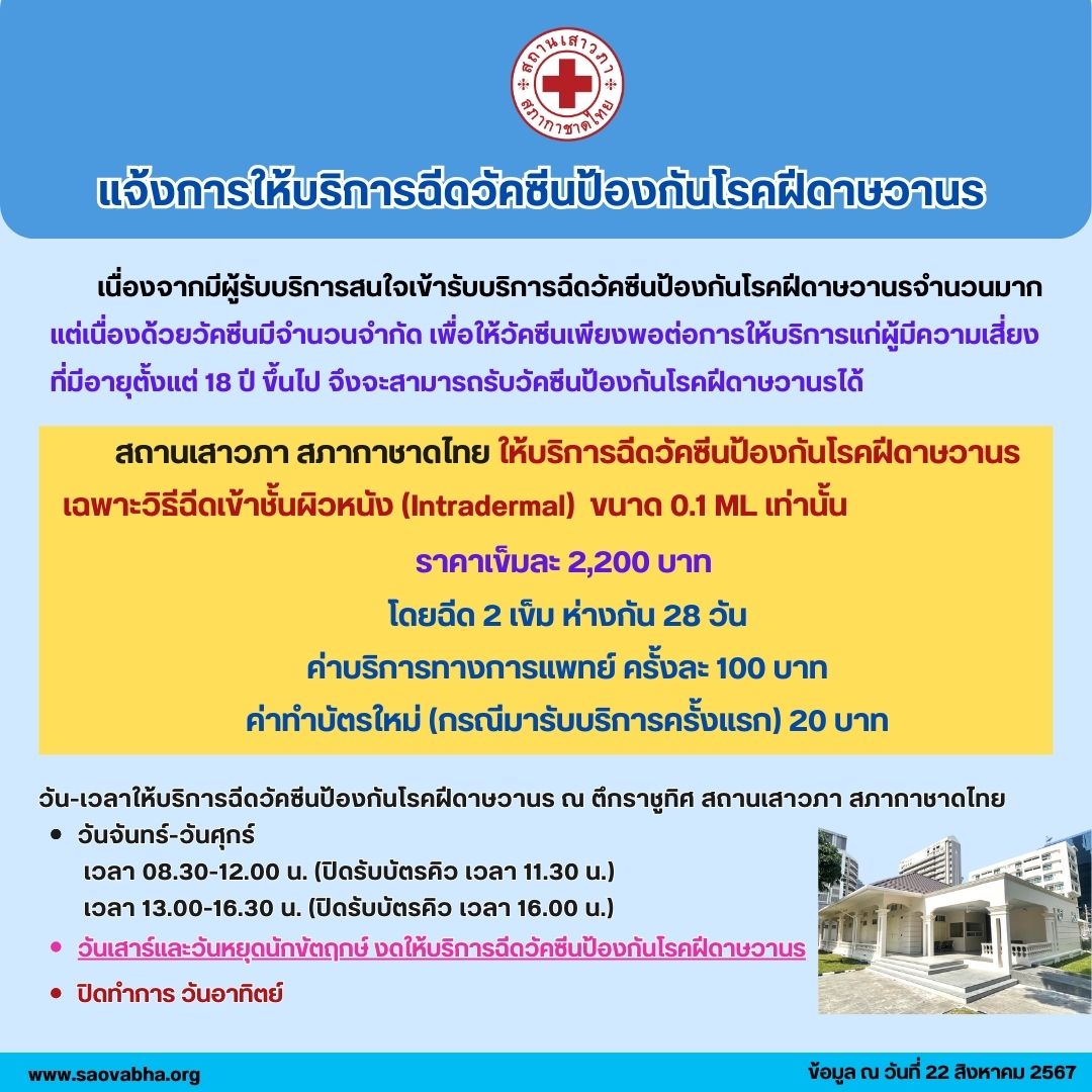 วัคซีนป้องกัน 'ฝีดาษลิง' ราคาเข็มละ 2,200 บาท สามารถเข้ารับบริการได้ที่สถานเสาวภา สภากาชาดไทย