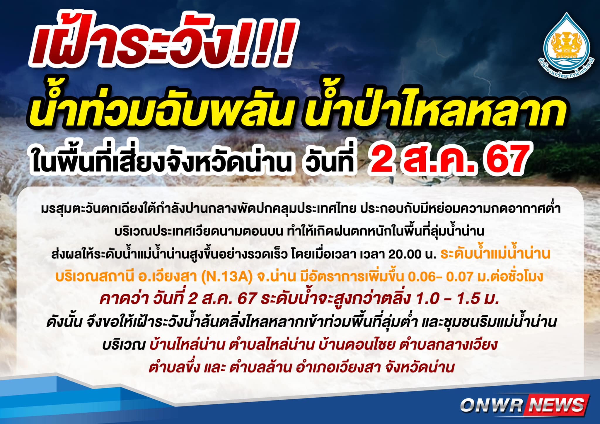 ด่วน! สทนช. เตือน 4 ตำบล จ.น่าน เสี่ยงน้ำท่วมพรุ่งนี้