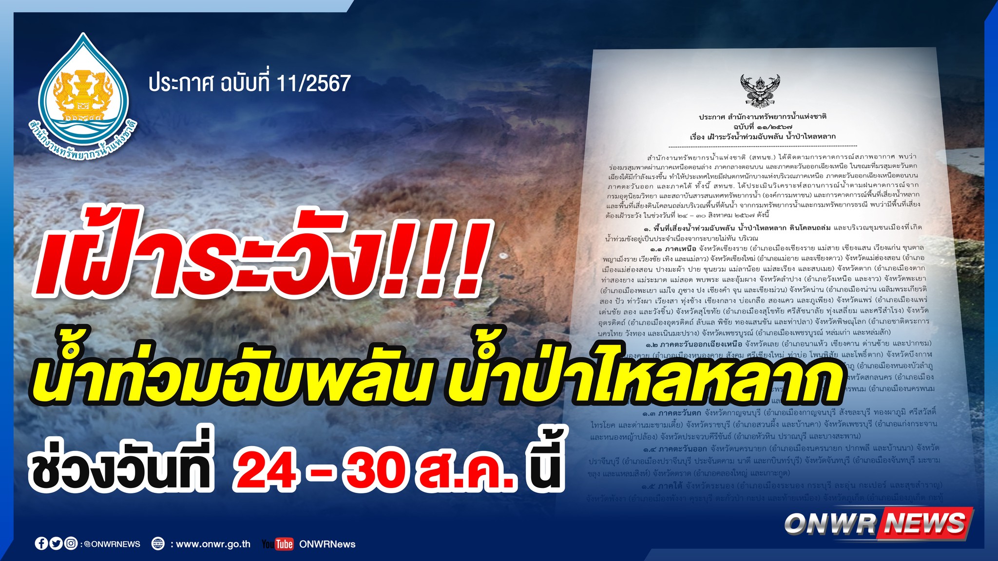 ด่วน! สทนช.ประกาศรายชื่อจังหวัดเสี่ยงน้ำท่วม 24 - 30 ส.ค. นี้