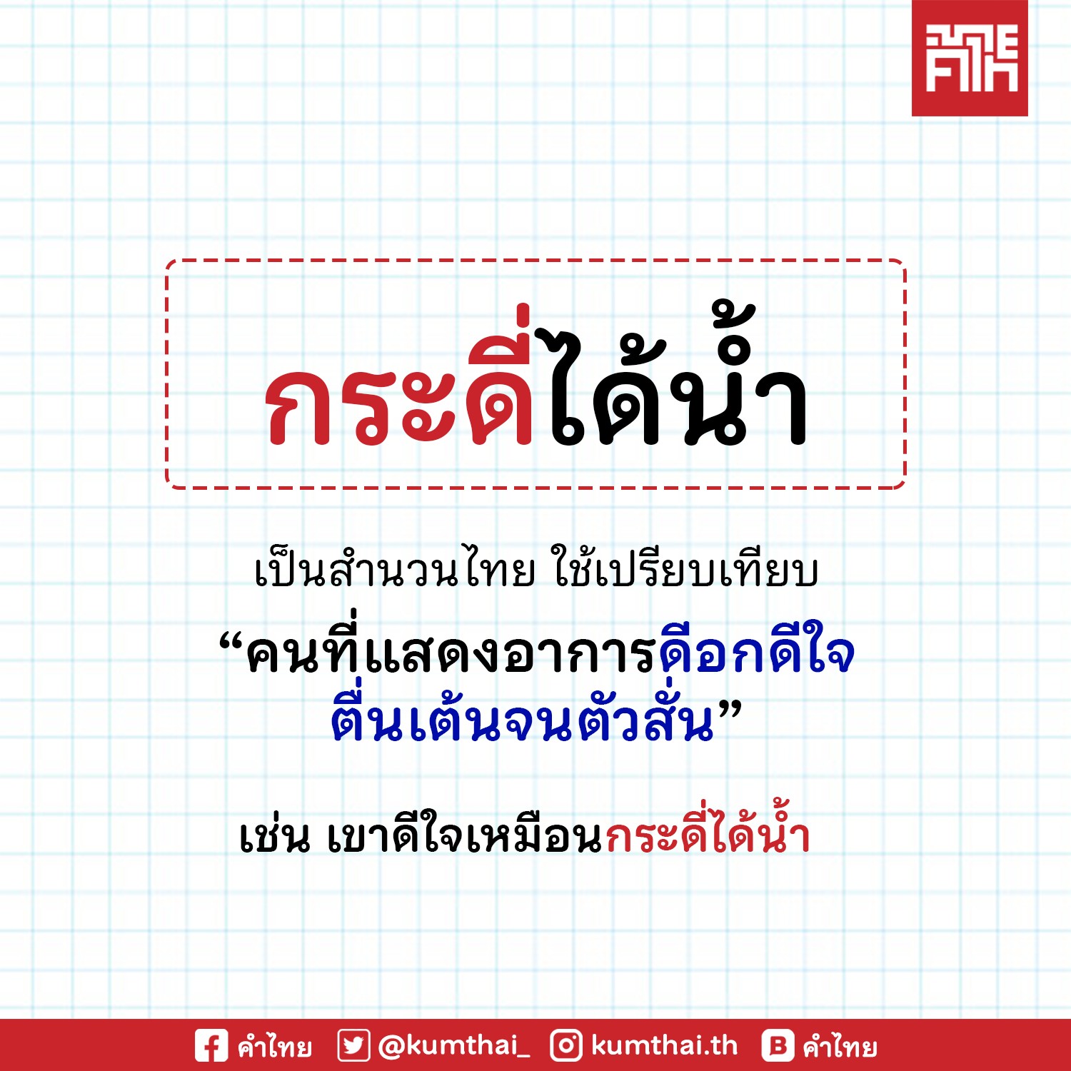 เพจ “คําไทย” เสนอสำนวนไทยวันนี้ “กระดี่ได้น้ำ” และ“ลูกไม้หล่นไม่ไกลต้น”