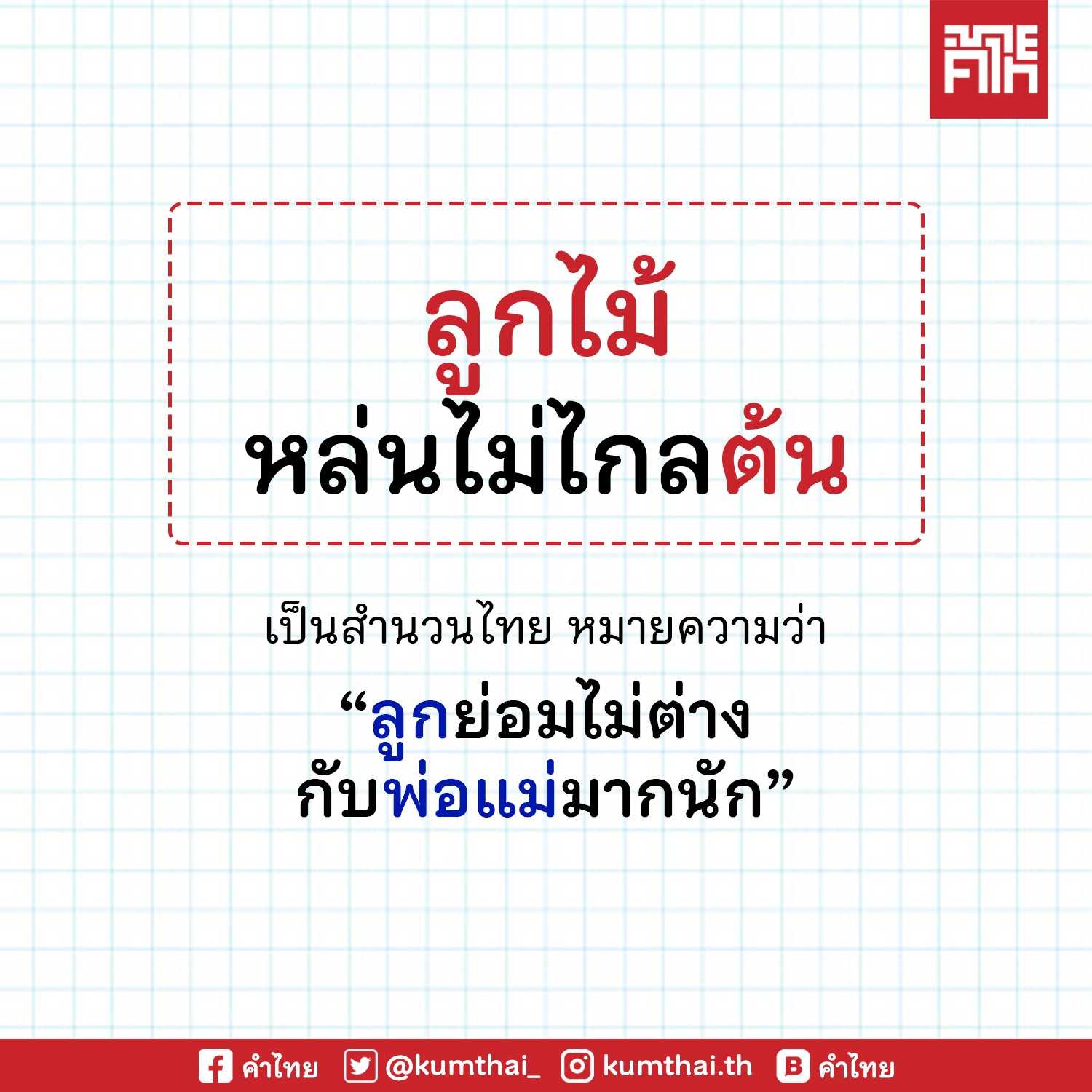 เพจ “คําไทย” เสนอสำนวนไทยวันนี้ “กระดี่ได้น้ำ” และ“ลูกไม้หล่นไม่ไกลต้น”