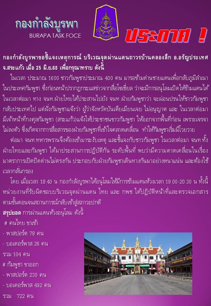 กองกำลังบูรพาแจงเหตุเปิดด่านคลองลึก พร้อมเปิดตัวเลขการผ่านแดนวันนี้