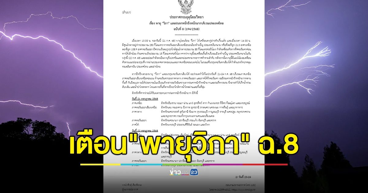 อัปเดต! ประกาศเตือน"พายุวิภา" ฉ.8