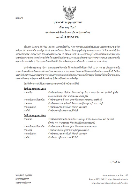 "วิภา" ขึ้นฝั่งเวียดนาม! เตือน 43 จังหวัดรับมือฝนถล่ม–น้ำป่าไหลหลาก