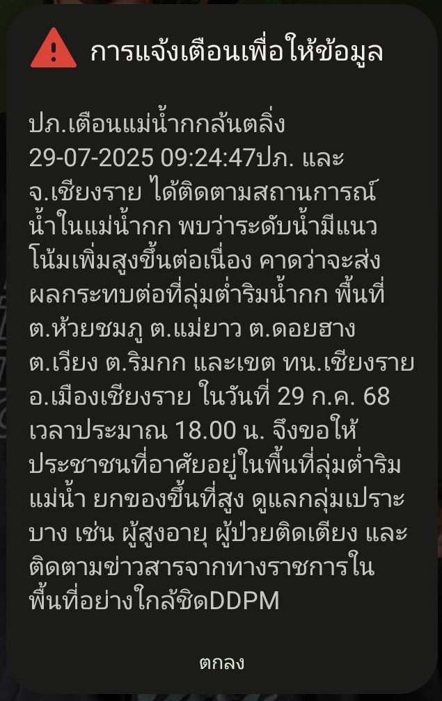 ปภ.แจ้งเตือนแม่น้ำกกล้นตลิ่ง คนเชียงรายเตรียมยกของหนีน้ำ
