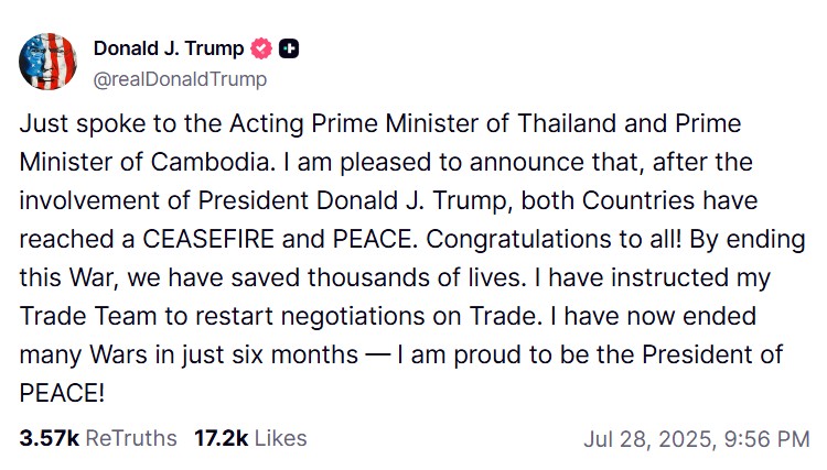 'ทรัมป์' โวไกล่เกลี่ยไทย-กัมพูชาหยุดยิงสำเร็จ! พร้อมเดินหน้าคุยการค้าต่อ