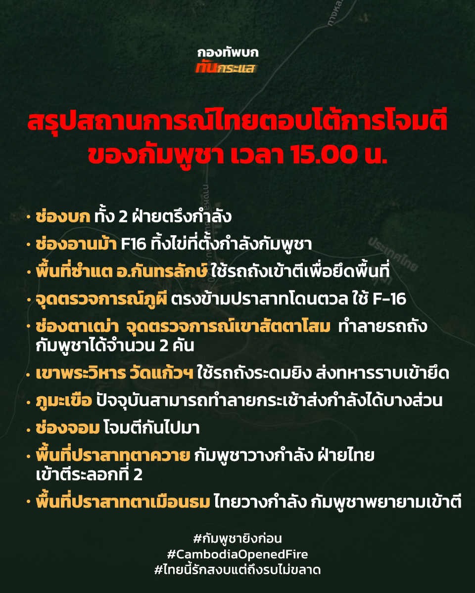 สรุปสถานการณ์ไทยตอบโต้การโจมตีของกัมพูชา
