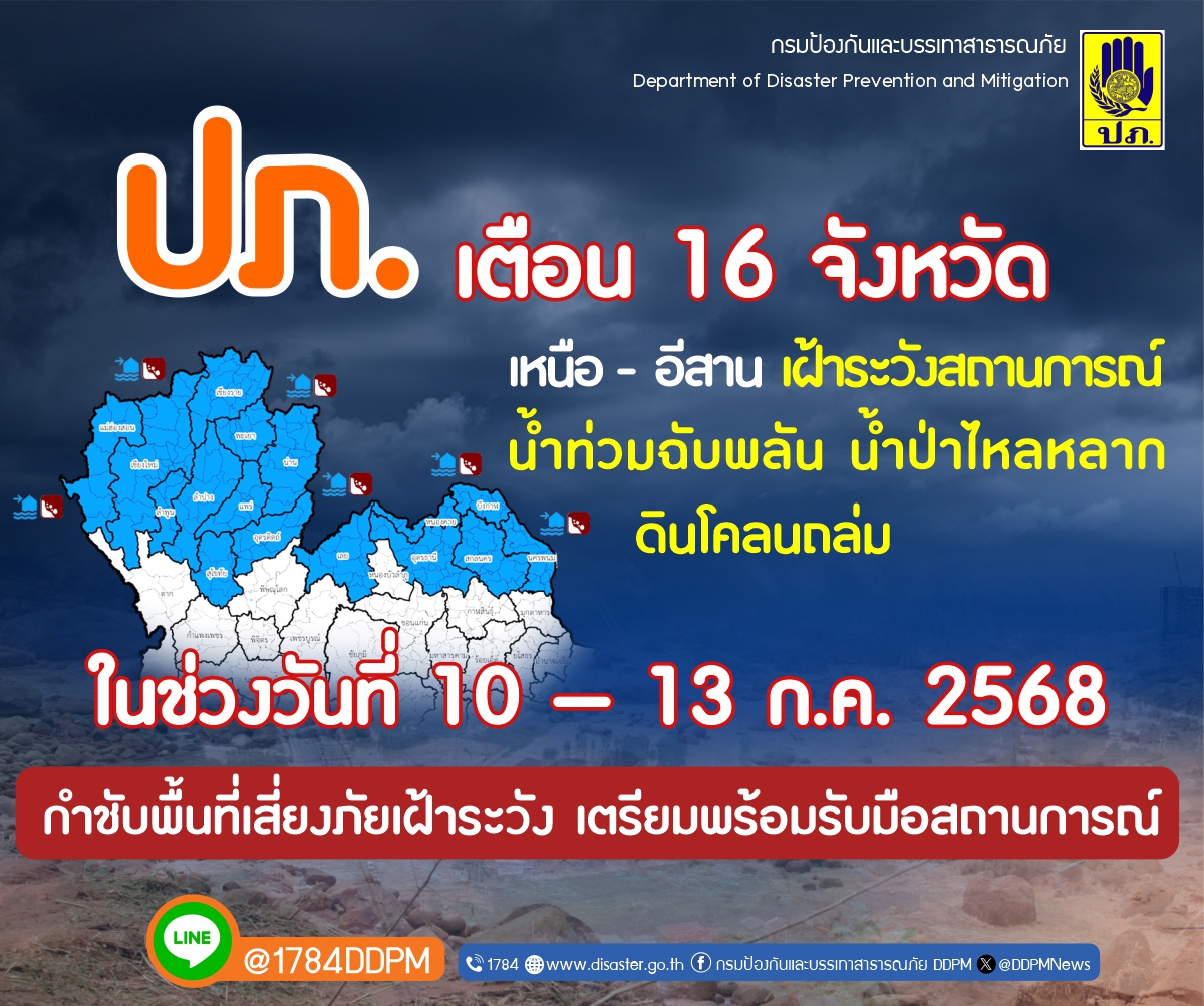 ด่วน! ปภ.เตือน 16 จว. เหนือ - อีสาน เฝ้าระวังน้ำท่วมฉับพลัน - ดินโคลนถล่ม