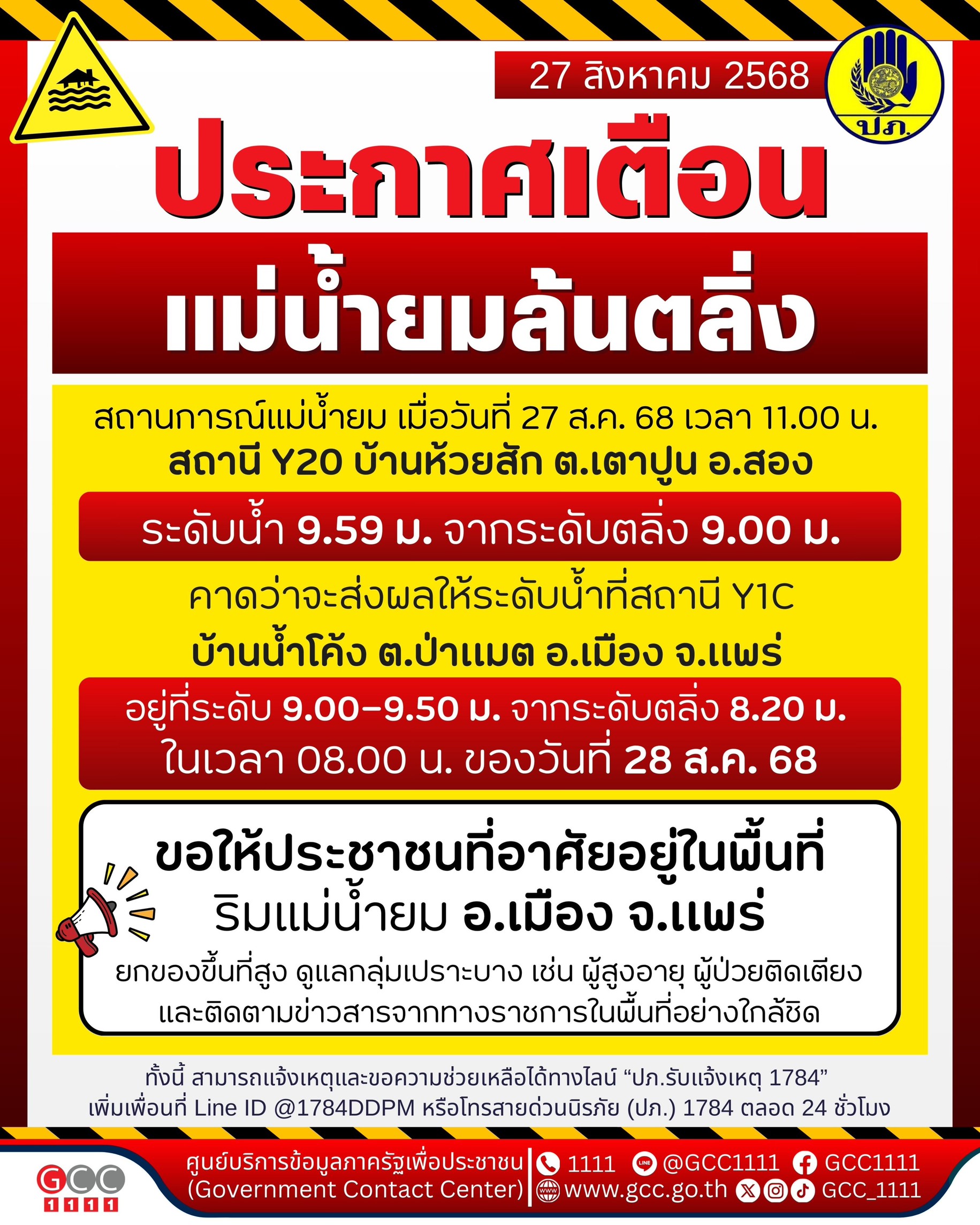 ปภ.แจ้งเตือนแม่น้ำยมล้นตลิ่ง พื้นที่ริมน้ำเมืองแพร่ ให้ยกของขึ้นที่สูง