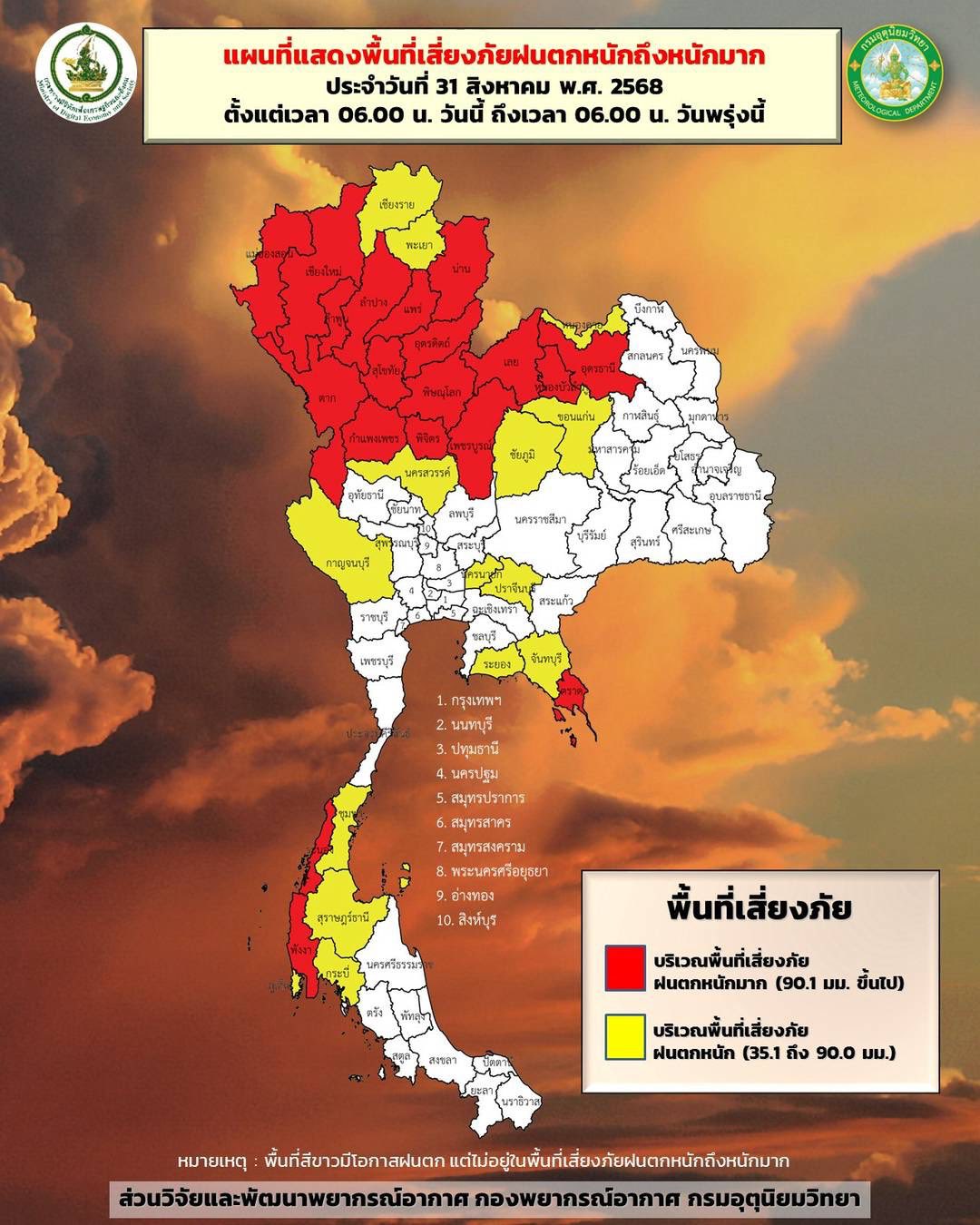 อุตุฯ เตือน "31 ส.ค.- 6 ก.ย." หลายพื้นที่ ฝนตกหนัก อาจท่วมฉับพลันและน้ำป่าไหลหลาก