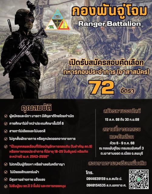 กองพันจู่โจม เปิดรับสมัครสอบคัดเลือก ทหารกองประจำการ 72 อัตรา