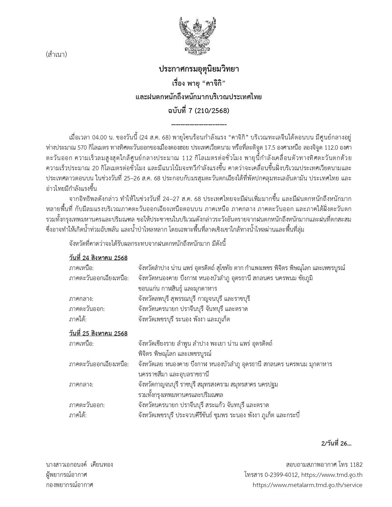 เช็กที่นี่! รายชื่อจังหวัดเตรียมรับผลกระทบพายุไต้ฝุ่น"คาจิกิ"