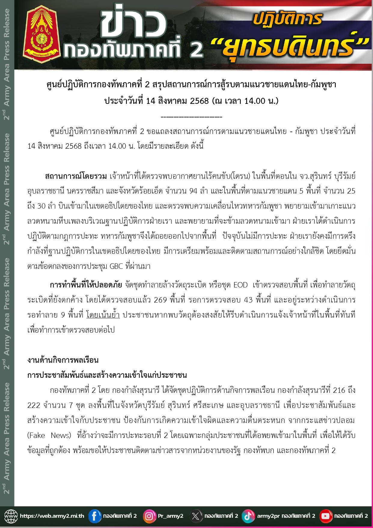 กองทัพภาคที่ 2 สรุปสถานการณ์สู้รบชายแดน ยังพบโดรน-ทหารกัมพูชาล้ำเขตไทย