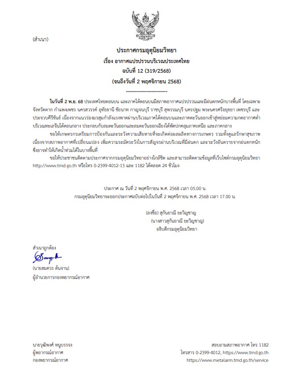 กรมอุตุฯ เตือน 2 พ.ย. ไทยตอนบน-ใต้ตอนบนฝนหนักหลายพื้นที่ เสี่ยงน้ำท่วม
