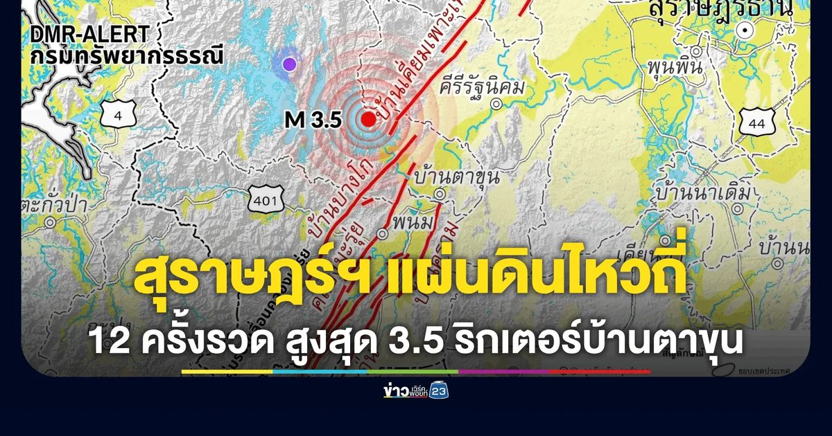 ระทึก! สุราษฎร์ฯ แผ่นดินไหวถี่ 12 ครั้งรวด สูงสุด 3.5 ริกเตอร์ที่บ้านตาขุน