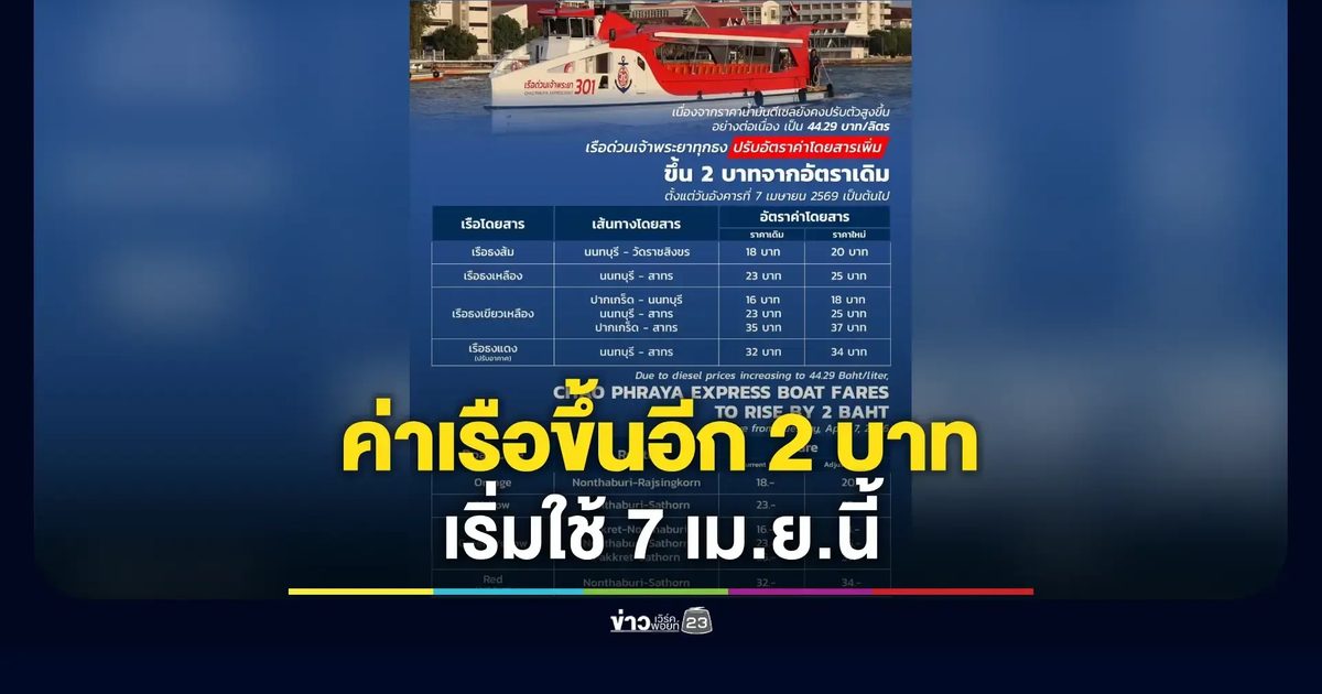เรือด่วนฯ ปรับอัตราค่าโดยสารเพิ่มขึ้นอีก 2 บาท