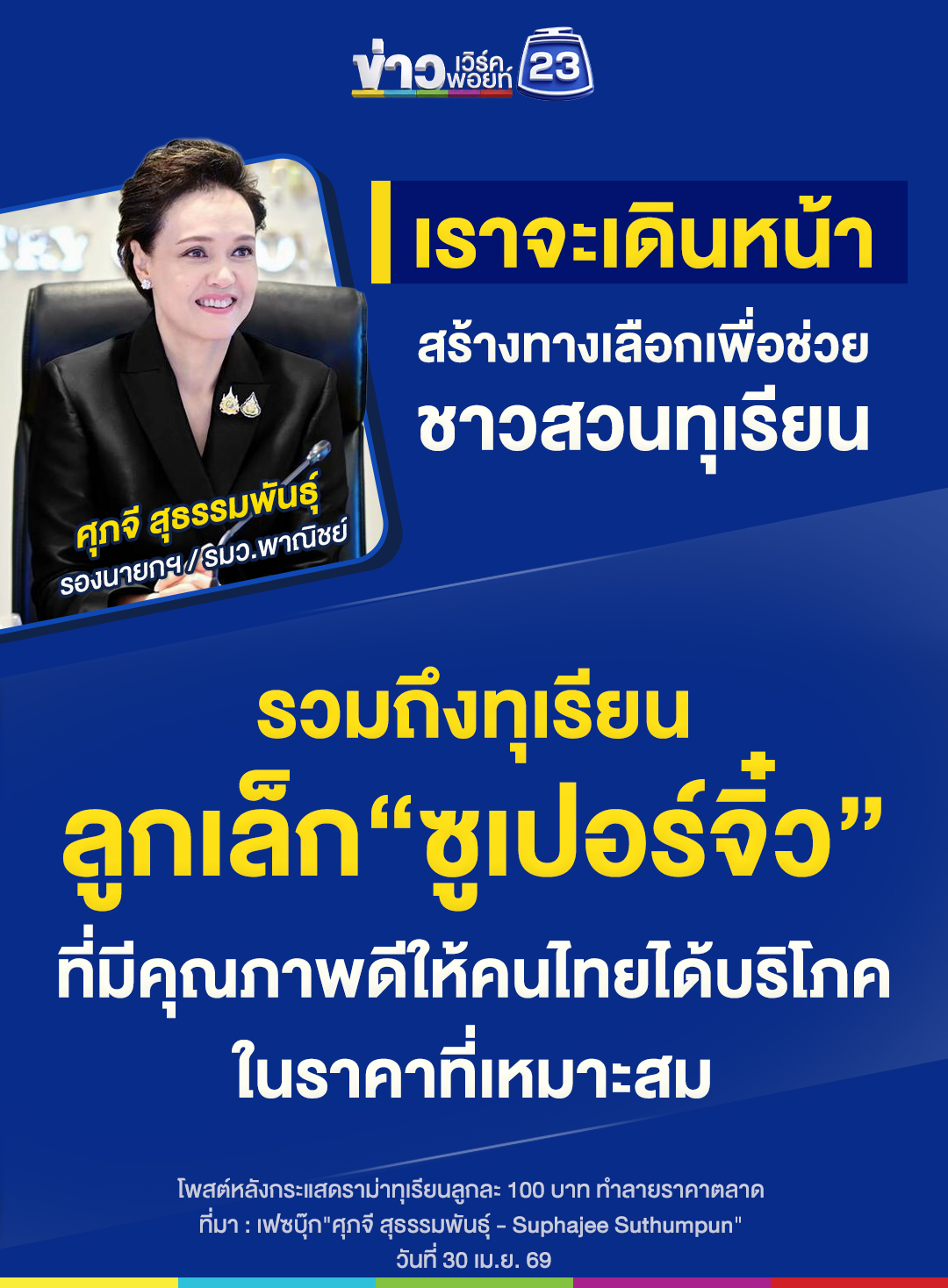 "ศุภจี" น้อมรับคำตำหนิ มุ่งดันทุเรียนซูเปอร์จิ๋วให้มีราคา