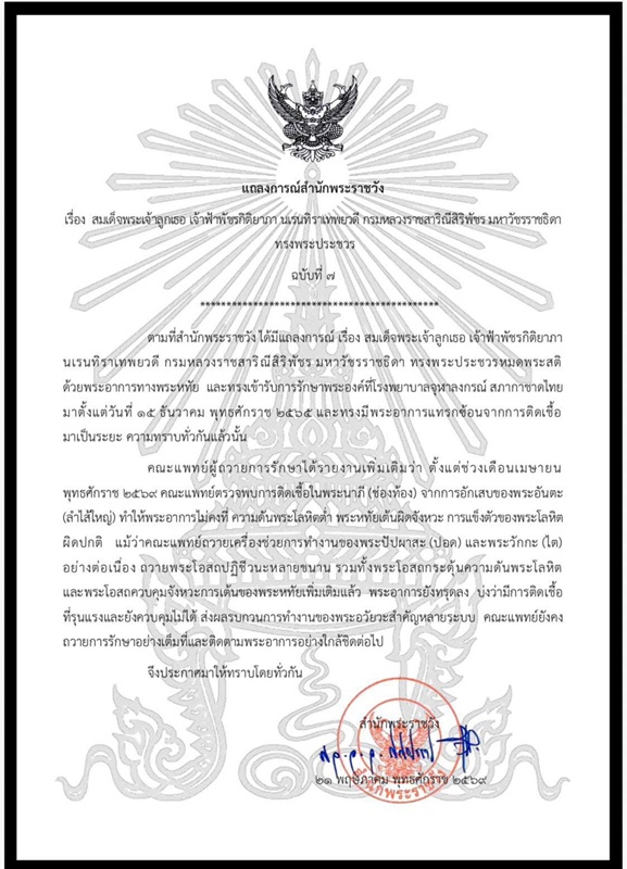 สำนักพระราชวังออกแถลงการณ์ เจ้าฟ้าพัชรกิติยาภาฯ ทรงพระประชวร ฉบับที่ 7