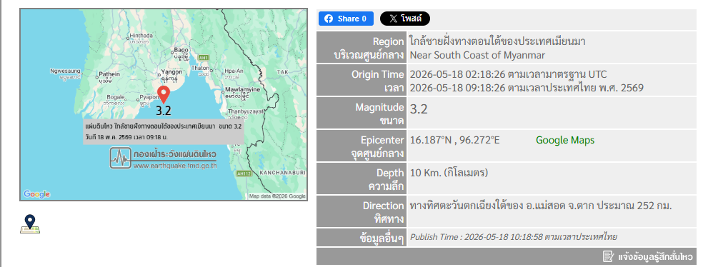 แผ่นดินไหวเมียนมา 5.3 สะเทือนไกลถึงไทย