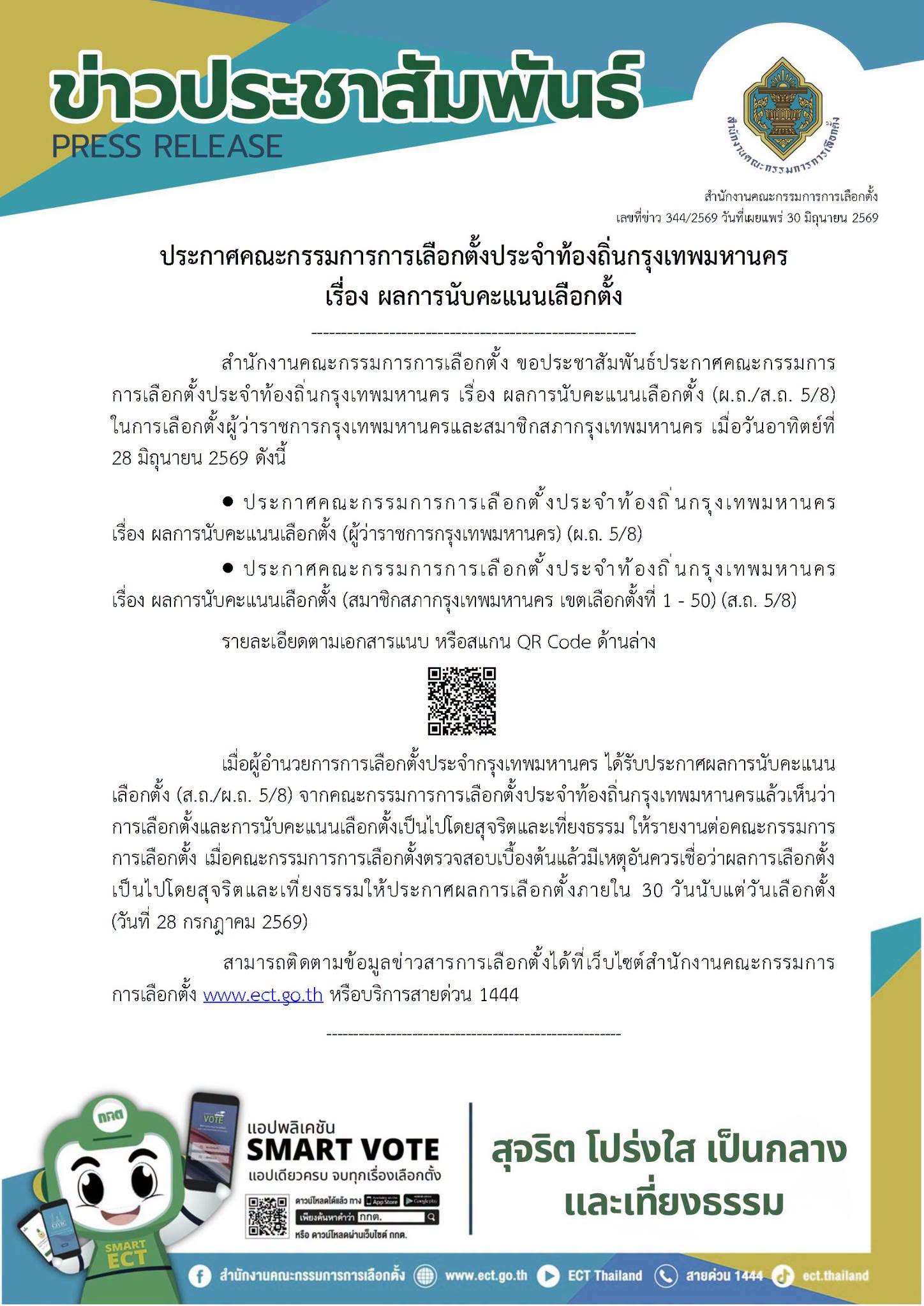 กกต.เผยแพร่ผลนับคะแนนเลือกตั้ง"ผู้ว่าฯ กทม.-ส.ก."แล้ว