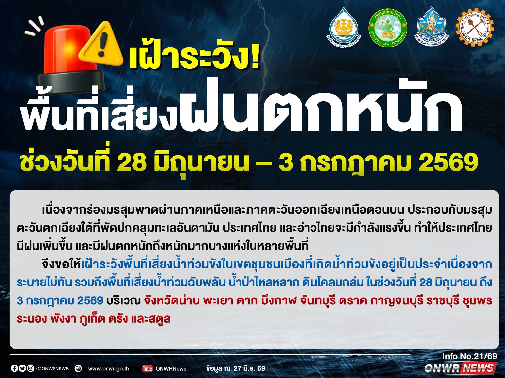 เตือน 14 จว.เฝ้าระวังฝนตกหนักยาวถึง 3 ก.ค.