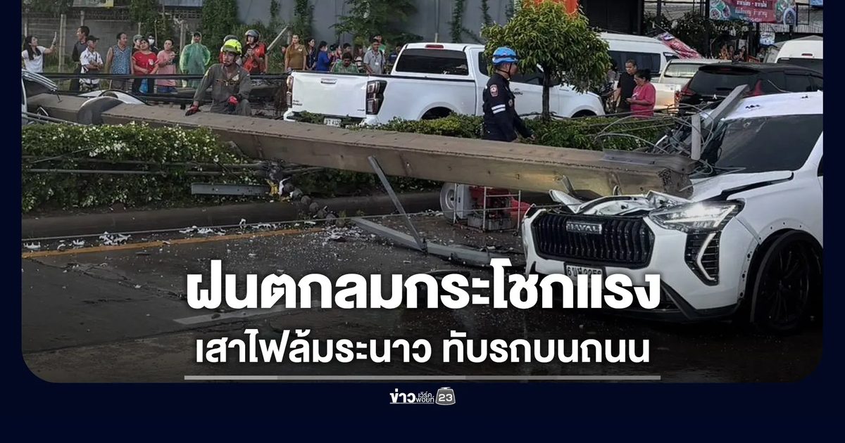 ฝนตกลมกระโชกแรง เสาไฟล้ม 10-15 ต้น ทับรถบนถนน