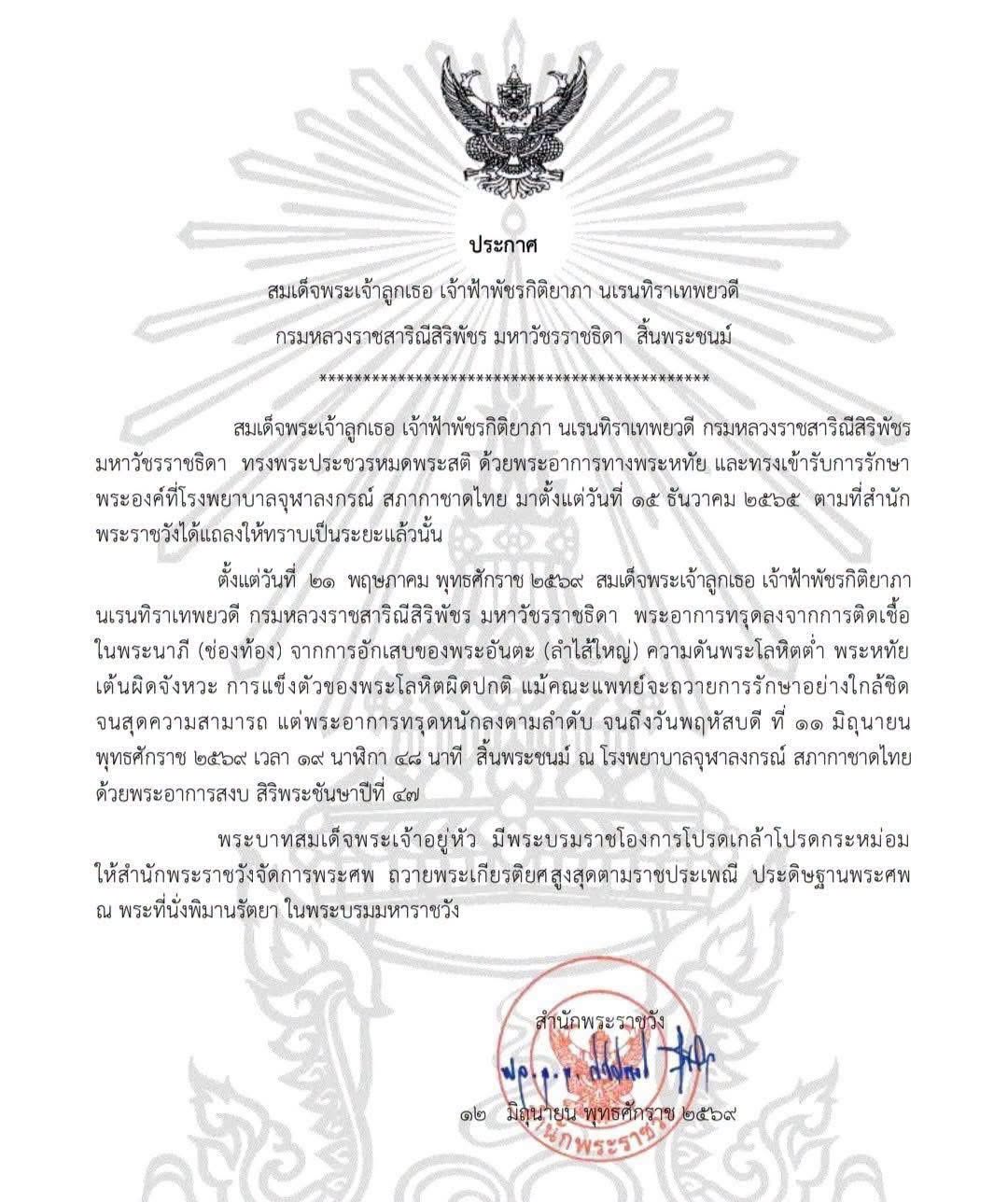 เจ้าฟ้าพัชรกิติยาภาฯ สิ้นพระชนม์