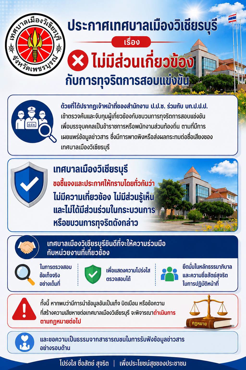 "เทศบาลเมืองวิเชียรบุรี" ร่อนประกาศแจงด่วน ยันไร้ส่วนเกี่ยวข้องปมทุจริตสอบท้องถิ่น