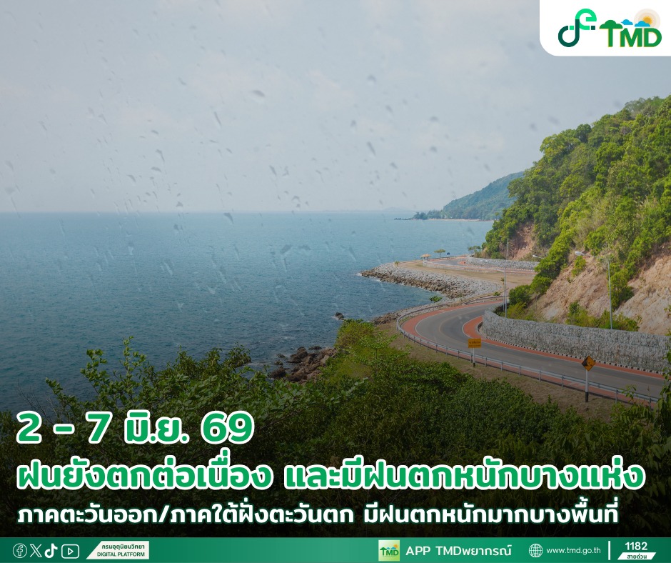 อุตุฯ เตือนเฝ้าระวัง 2 - 7 มิ.ย. นี้ ฝนตกหนัก 2 ภาค