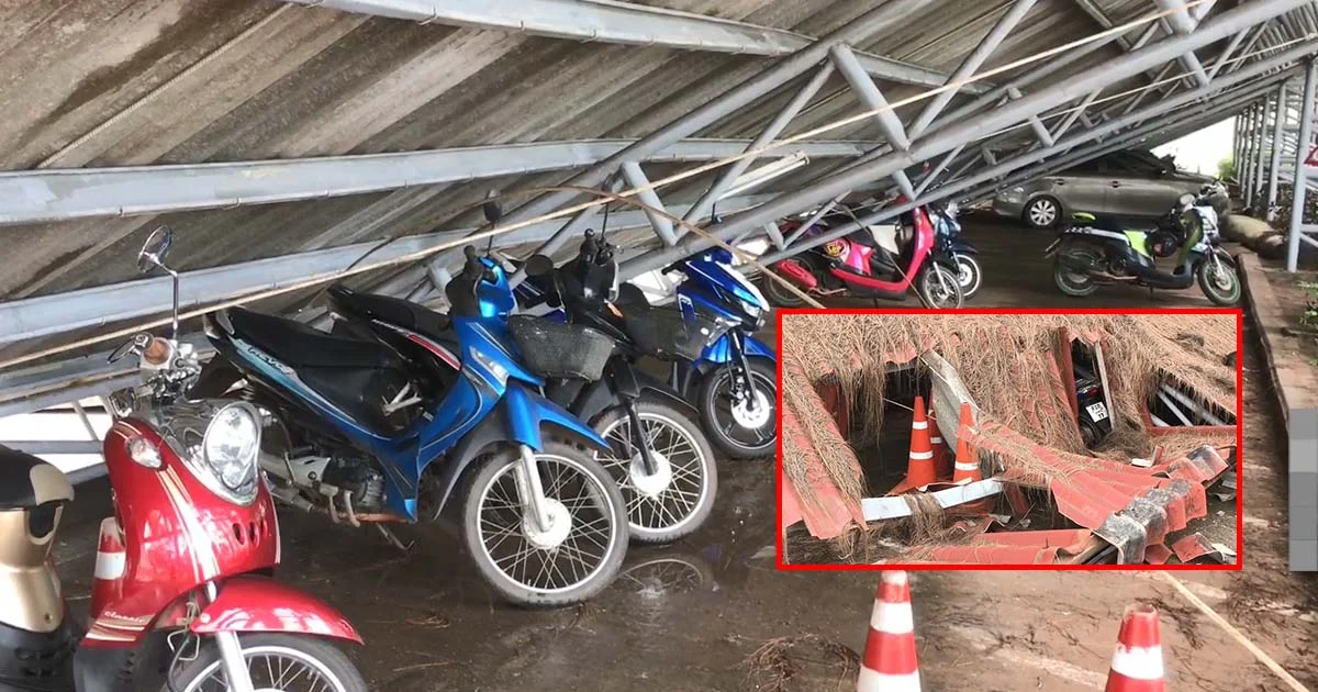 พายุกระหน่ำหนองคาย พัดหลังคาโรงจอดรถพังถล่ม ทับรถกว่า 10 คัน