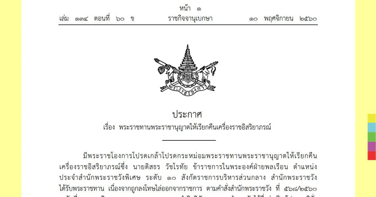 ราชกิจจาฯ เผยแพร่ประกาศเรียกคืนเครื่องราชฯ-ไล่ออก “ดิสธร วัชโรทัย” เหตุประพฤติชั่วร้ายแรง