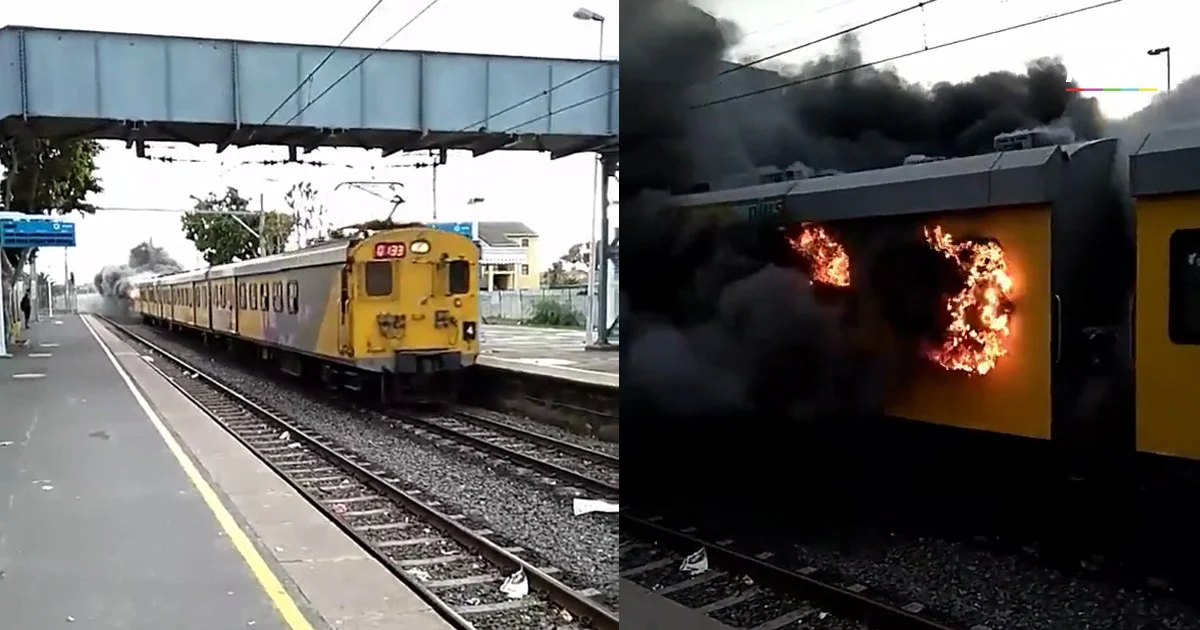 คลิประทึก! รถไฟเกิดเพลิงไหม้วิ่งเข้าสถานี ในแอฟริกาใต้