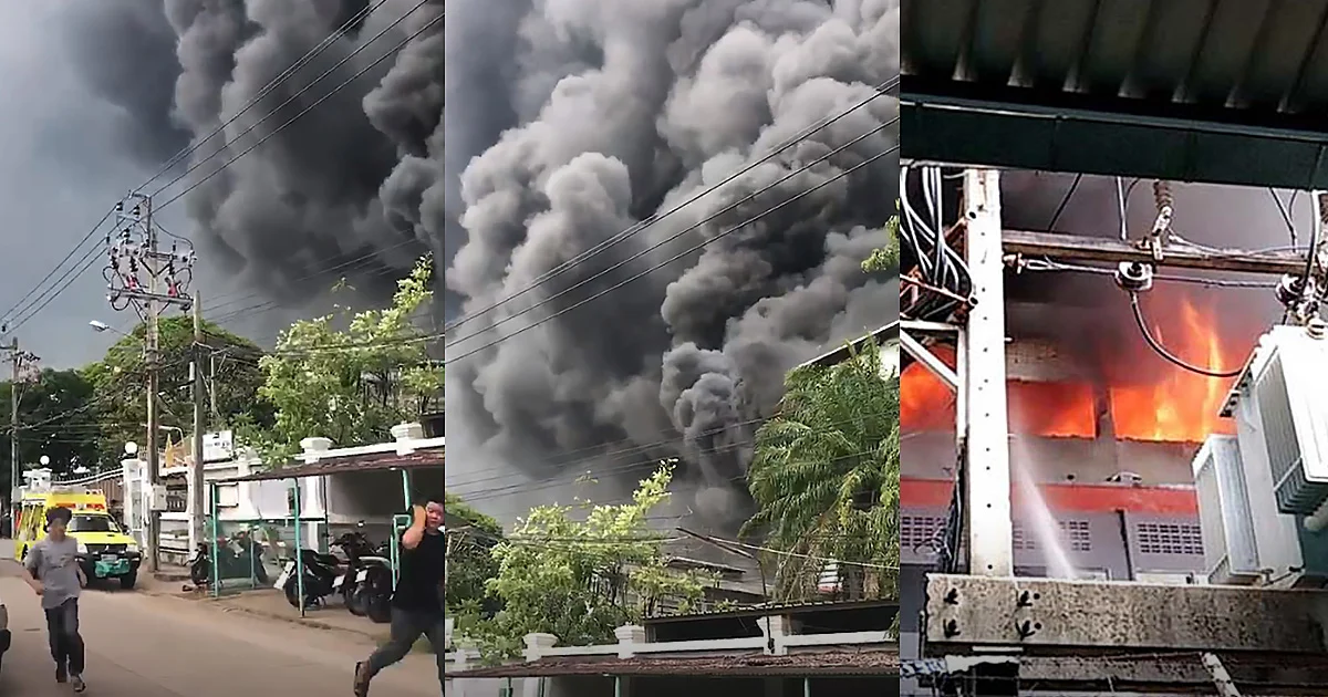 ระทึก! ไฟไหม้ รง.ผลิตหมวกกันน็อก ย่านท่าข้าม หนีตายวุ่น