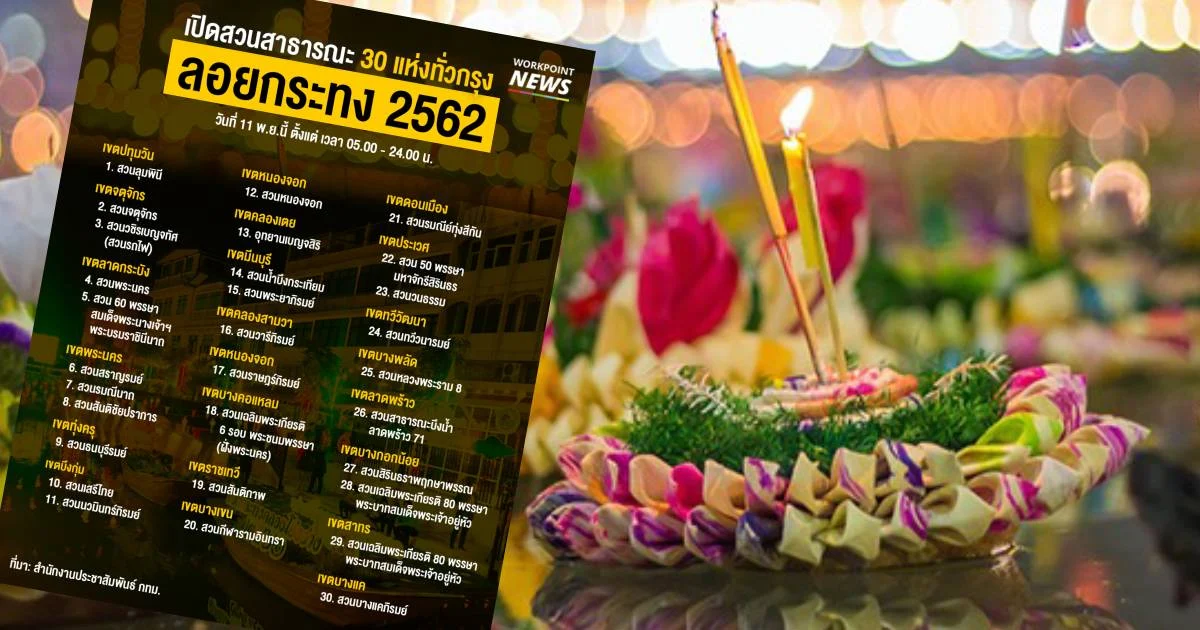 กทม.เปิดสวนสาธารณะ 30 แห่ง ให้ลอยกระทง 11 พ.ย.นี้ จนถึงเที่ยงคืน