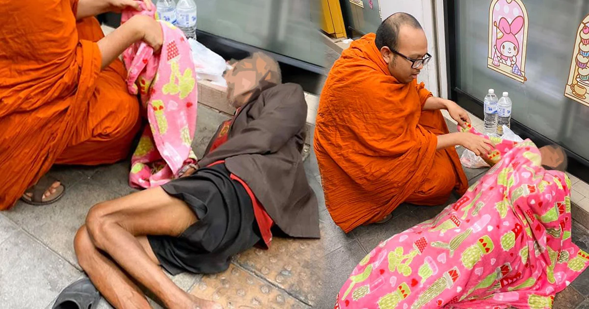 พระแจกผ้าห่มคนไร้บ้านหวังสังคมไม่ทอดทิ้งกัน