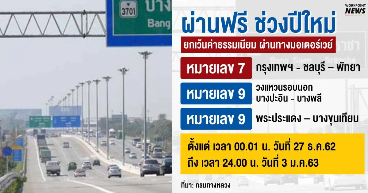 กรมทางหลวง ให้ผ่านฟรีมอเตอร์เวย์ 3 สาย 8 วันช่วงปีใหม่ เฝ้าระวังจุดเสี่ยง 43 สายทาง